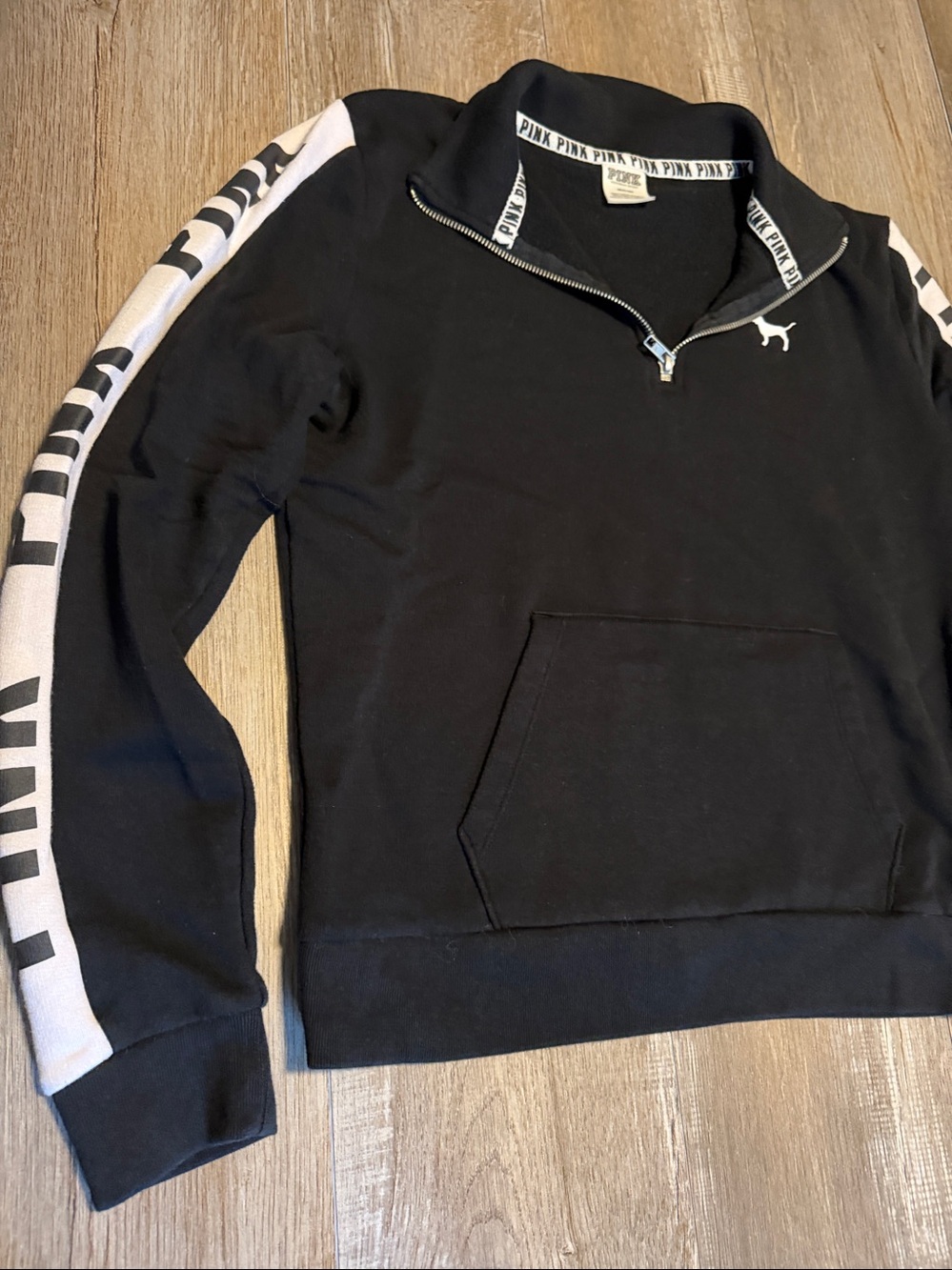 PINK Victoria's Secret Black Half-Zip Pullover with White Sleeve Panels - Picture 3 of 6
